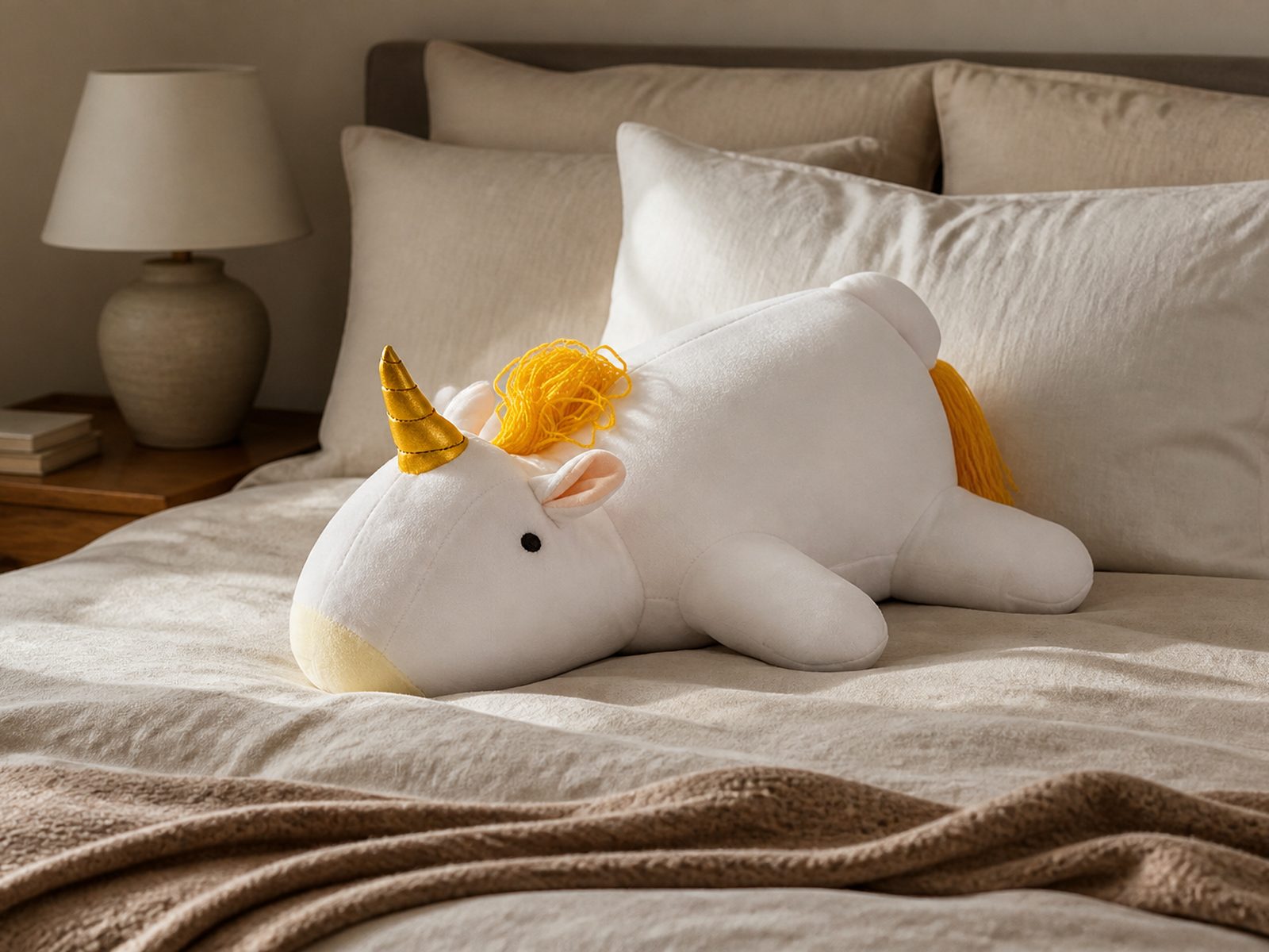 The white unicorn weighted plushie on a neatly made bed in a grown-up bedroom