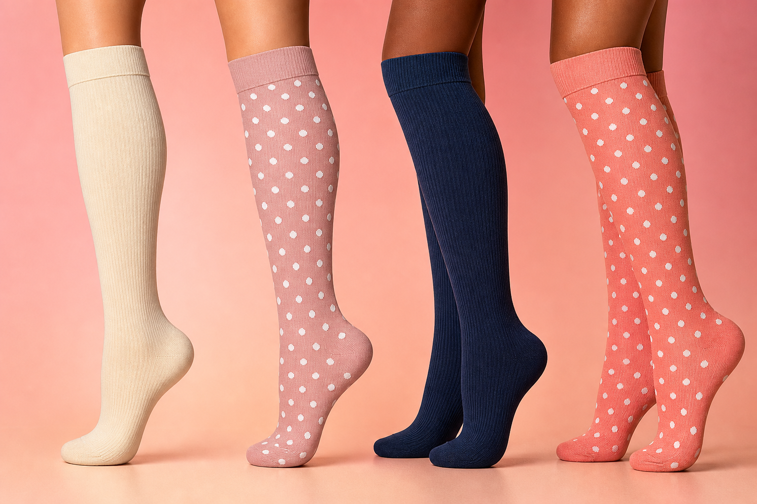 Four legs wearing knee-high Retro Haven After-Bell compression socks in cream, pink dots, navy, and coral on a warm retro gradient